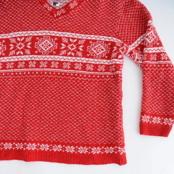 Vintage 90's Cherokee Red  & Cream Snowflake 30% Wool Knit V-Neck Sweater L - Picture 5 of 12
